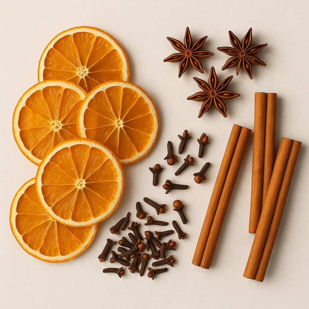 Orange slices, star anise, cloves, and cinnamon sticks on a light background