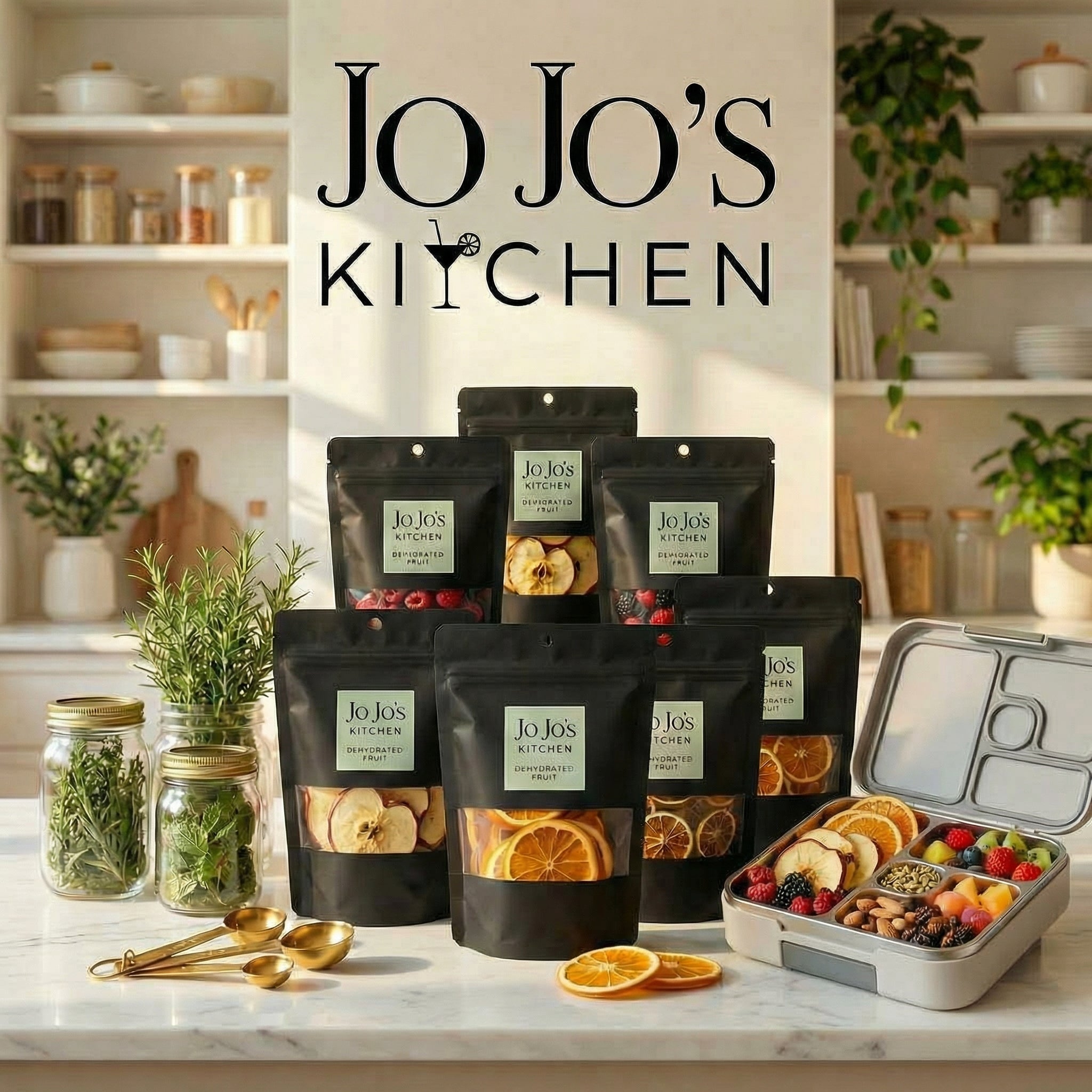 Jo Jo's Kitchen products on a kitchen counter.