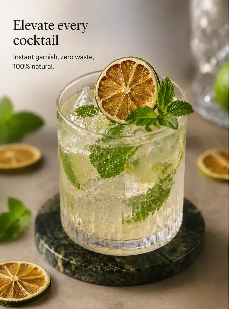 Cocktail with lime and mint garnish on a marble coaster.